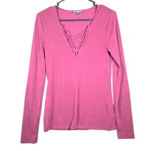 Express Womens Shirt Maroon Long Sleeve Tie Up V Neck Stretch Medium